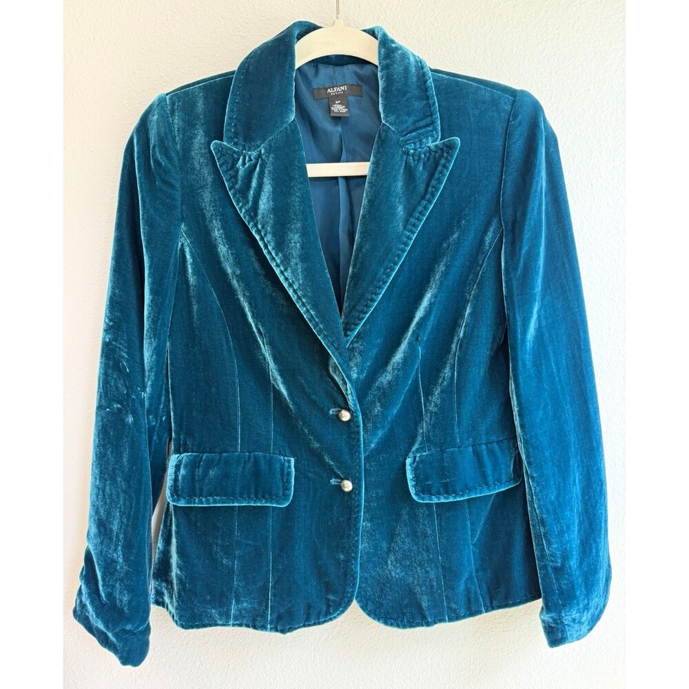 Alfani Blue Velvet Blazer Petite 6P Notch Lapel 2-Button Lined Pockets